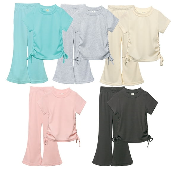 Emy Dola Toddler Girl Clothes 2 Piece Outfits Side Adjustable Drawstrings Short Sleeve Tops and Flare Leggings Pant Set 2-8T