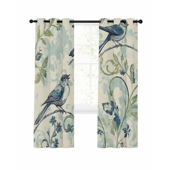 Watercolor Blue Green Bird Blackout Curtains for Bedroom Living Room, Leaf Green Brach Vintage 90 In Long Thermal Insulated Room Darkening Drapes Grommet Window Treatments, 52 x 90 In