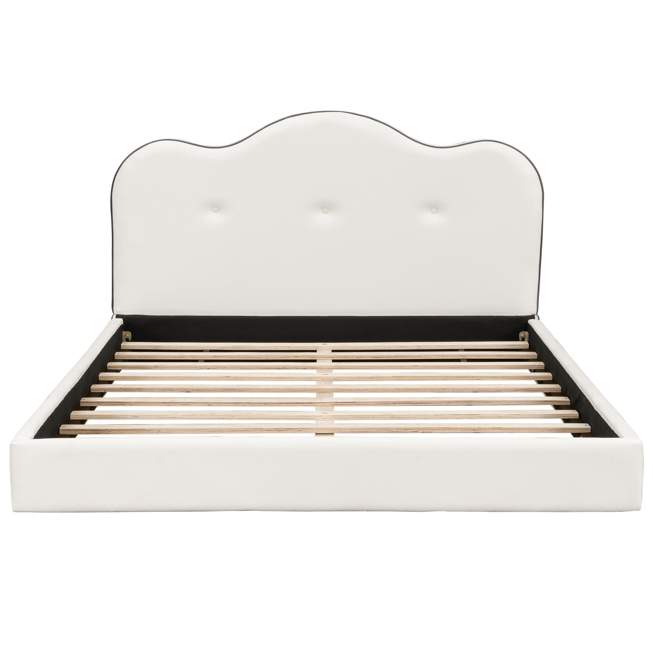 Noble House Zahra Queen Size Velvet Upholstered Platform Bed, Pine Wood Bed Frame with Foam Headboard, Beige