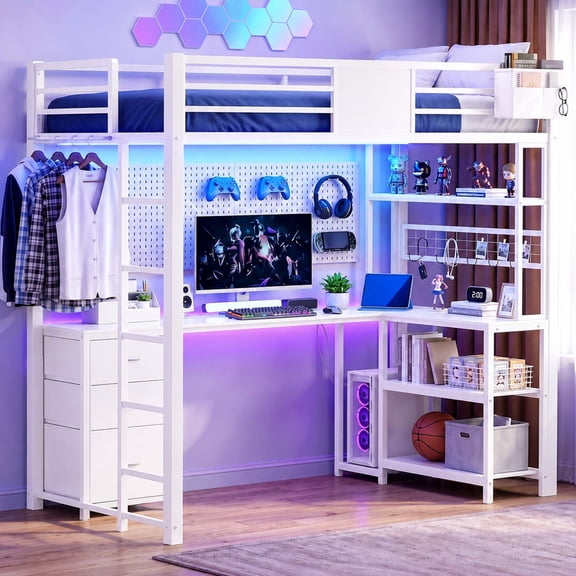 Miniyam Twin Loft Bed with L-Shaped Desk and Storage, LED Light and Charging Station, White