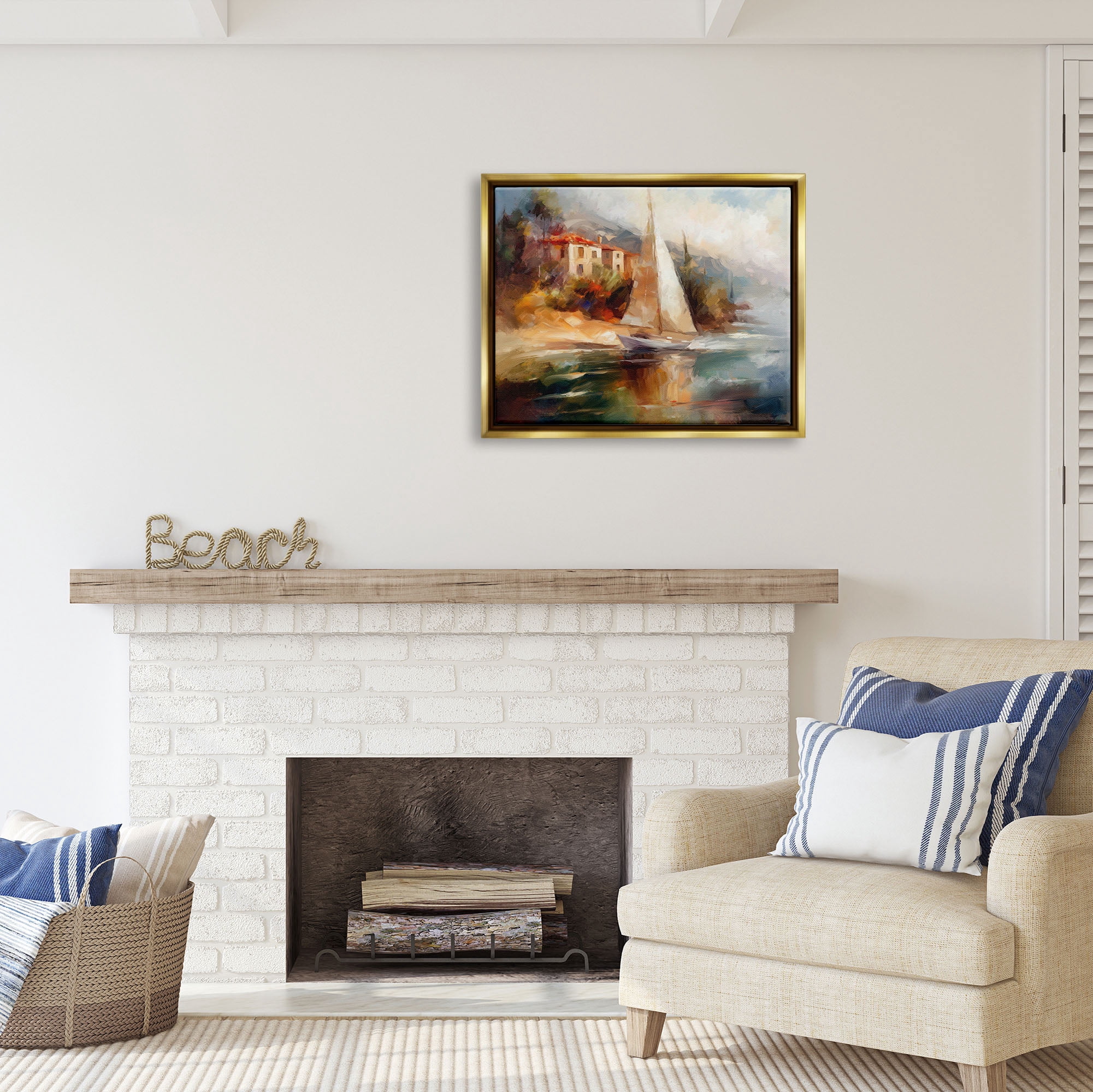 Stupell Industries Sailboat by Town Shore Transportation Painting Gold Floater Framed Art Print Wall Art, 31 x 25