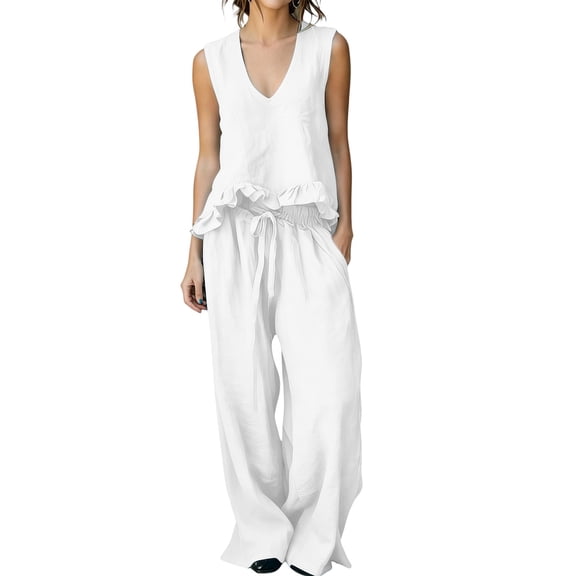 mihongmao 80s Outfit for Ladies Date Night Sets Women's Casual Summer Beach Loose Two Piece Outfit Sleeveless V Neck Ruffle Top Wide Leg Pants Set White L