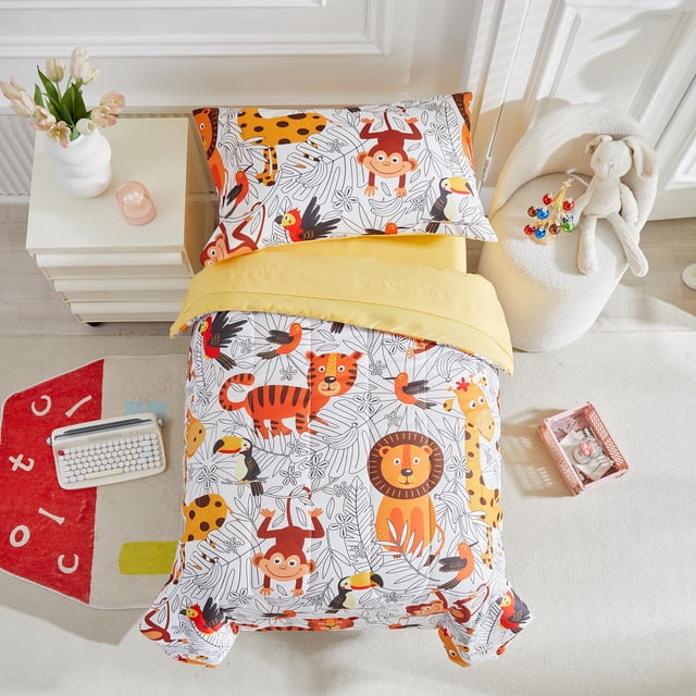 Juego de Ropa de Cama para Niños Pequeños UOZZI BEDDING Animales de la Jungla 4 Piezas Naranja