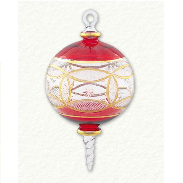 Red and Gold Etched Ball Egyptian Glass Christmas Tree Ornament Made in