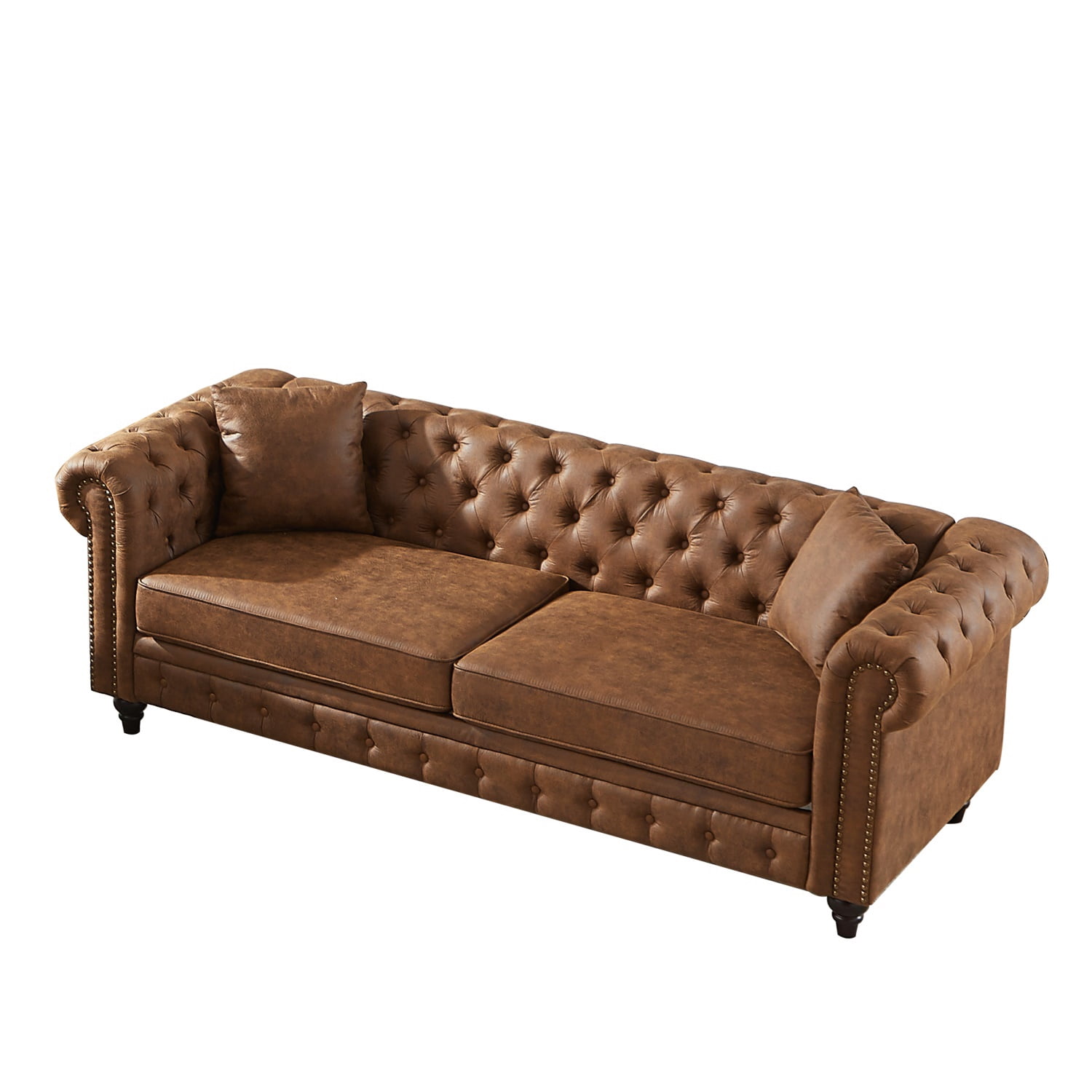Hommoo 83.5"W Luxury Tech Fabric Chesterfield Loveseat, 3-Seater Sofa Couches with Button Tufted Design &Rolled Arms, Brown