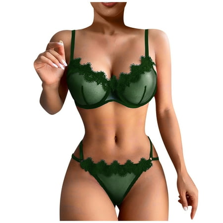

DORKASM Lingerie Set for Women Mesh See Through Bra and Panty Sets Eyelash Lingerie Dark Green XL