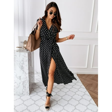 

Summer Skirt 1PC Wave Point One-piece Skirt Sexy V-neck Long Dress Stylish Female Dress Short Sleeve Skirt for Women Wearing (Black Size S)