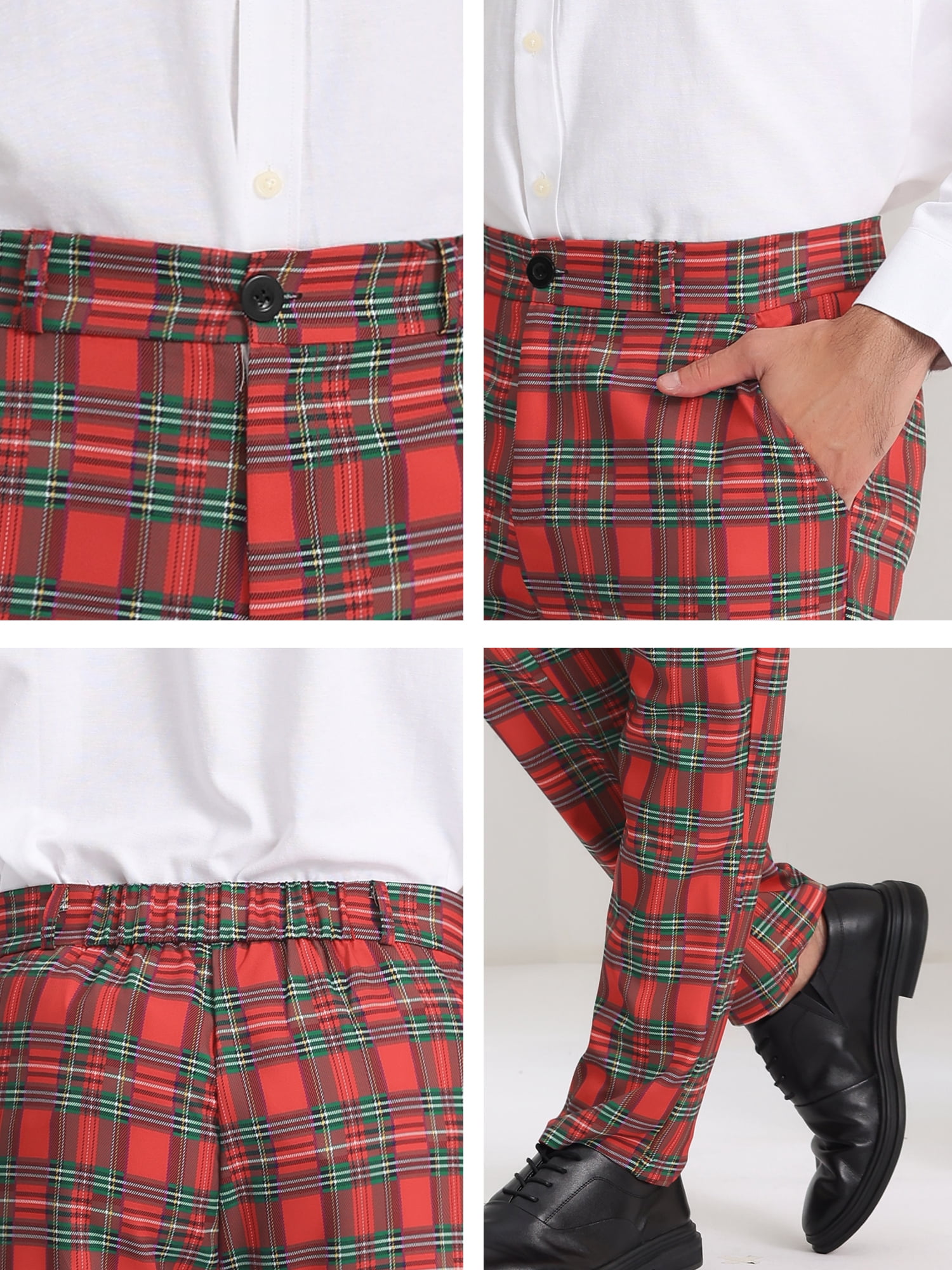 Unique Bargains Men's Plaid Business Pants Regular Fit Formal Prom Checked Trousers 36 Red Green