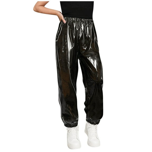 Mgmyaa Kids Shiny Straight Leg Pants Elastic Waist Performance Joggers Stretch Fit for 3-16 Years Old