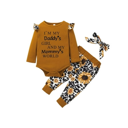 

Baby Girls Letter Print Round Neck Long Sleeve Romper And Floral Printed Trousers And Headband