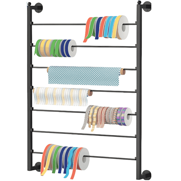Ymokee 7 Tier Ribbon Storage Rack, Metal Wall Mounted Scarf Rack Spool Holder Organizer for Craft Room, Flower Store, Cake Shop, Gift Wrapping Paper