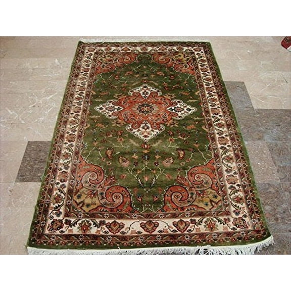 Ahmedani Linen Lovely Olive Green Medallion Rectangle Any Room Home Decor Area Rug Hand Knotted Wool Silk Carpet (6 x 4)'