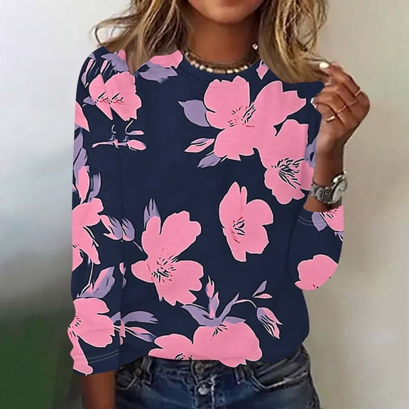 Snzhen Leisure Tops for Women Women's Fashion Casual Printed Long Sleeve Casual Loose T-Shirt Round Neck Tops Pink L