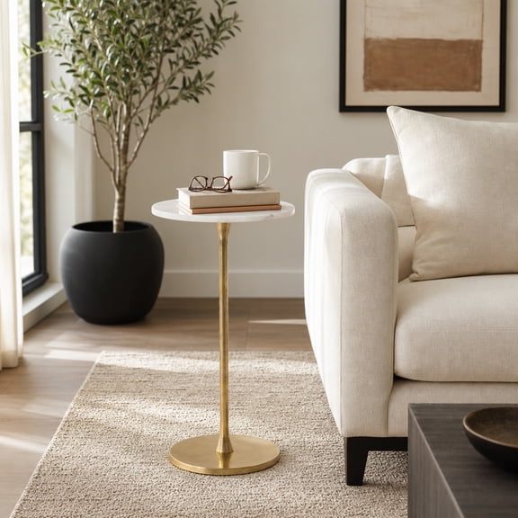Glam End Table, Side Table, or Small Night Stand for Home Decor - Bold Metal Table with Luxurious Round Marble Top Ideal for Office, Bedroom, or Living Room - Sturdy Table for Small Spaces - 24" Gold