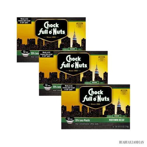 Chock Full O'nuts Decaf, Midtown, KCup Coffee Pods, Medium Roast, 12 Count (Pack Of 3