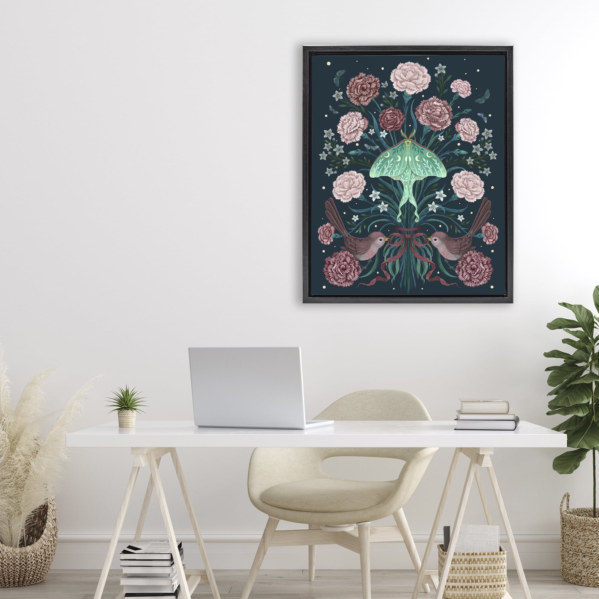 Stupell Industries January Carnations & Moth Black Framed Floater Canvas Wall Art, design by Episodic Drawings