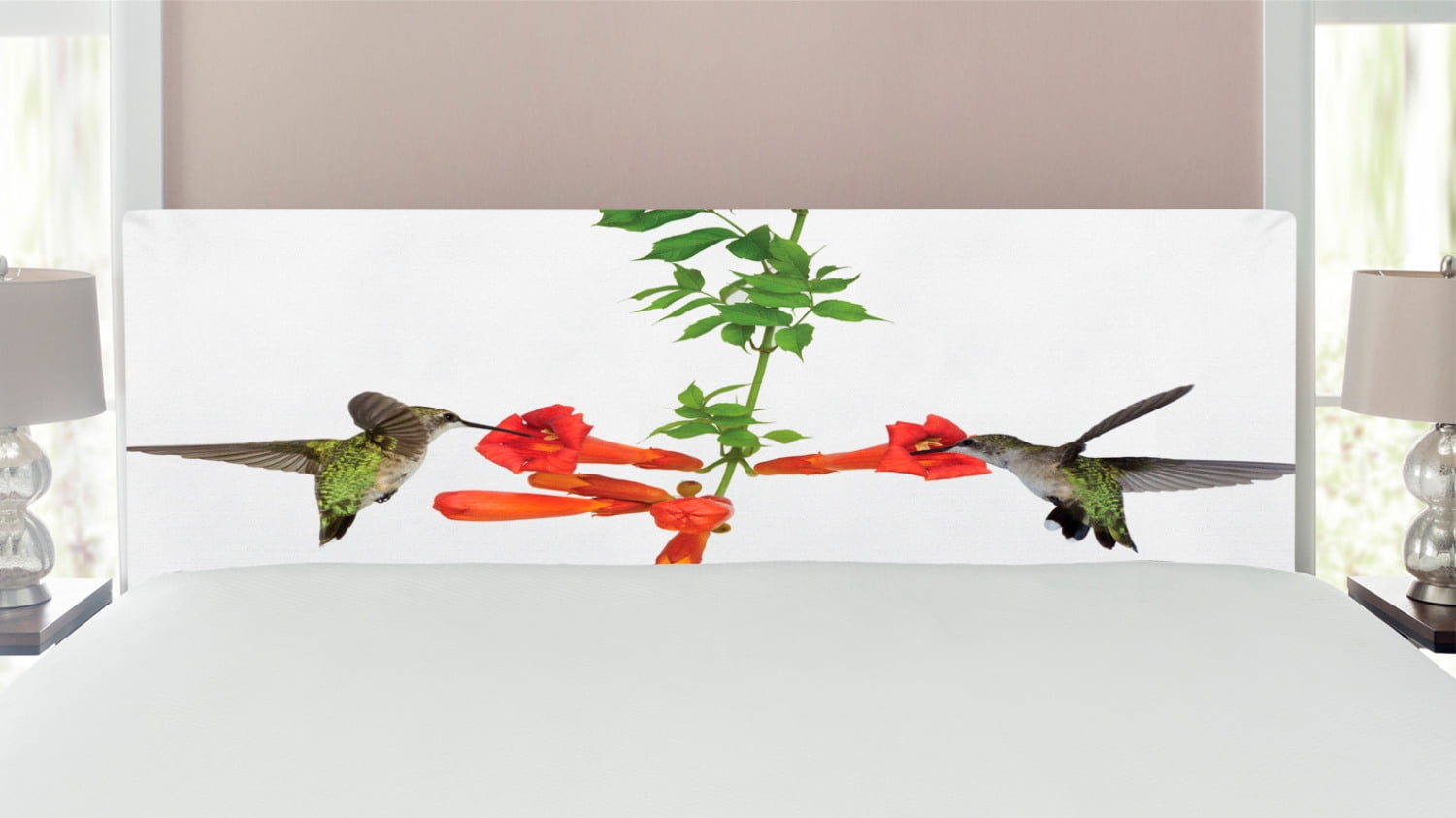 Hummingbirds Headboard, 2 Hummingbirds Sipping Nectar from a Trumpet