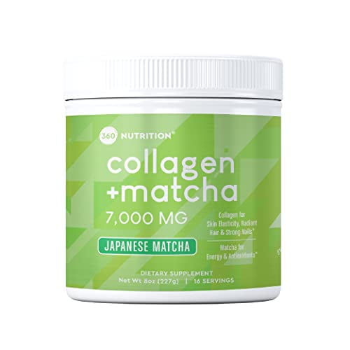 360 Nutrition Matcha péptidos de colágeno hidrolizado en polvo, té verde Matcha japonés para la salud intestinal, apoyo a las articulaciones, energía, piel del cabello y uñas, sin gluten, apto para ce