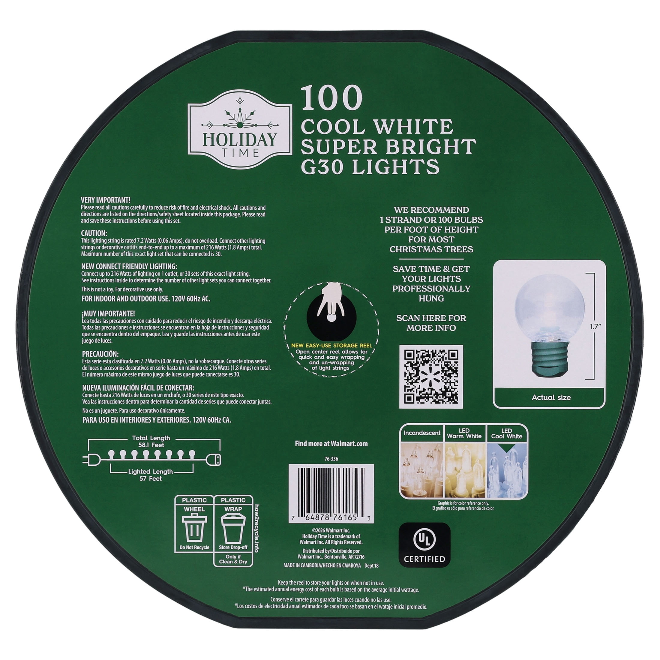 Indoor/Outdoor 100-Count LED Super Bright G30 Christmas String Lights, Cool White, Green Wire, 57', by Holiday Time