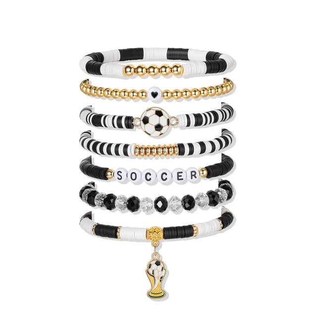 Set de pulseras Poasrelax 2026 de fútbol, 7 piezas, negro y blanco