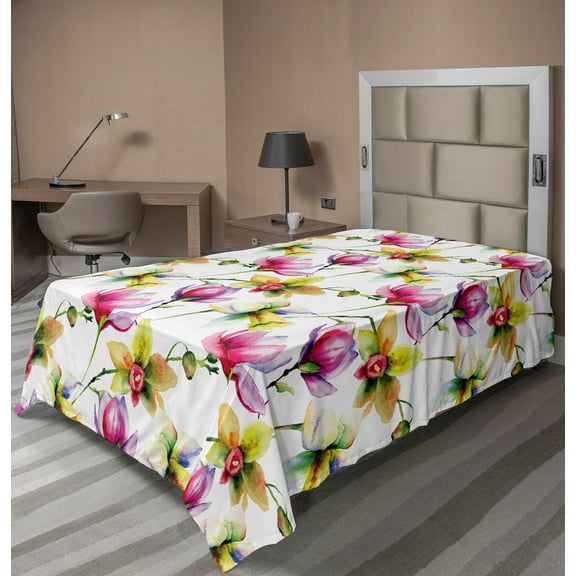 Ambesonne Floral Flat Sheet, Vibrant Magnolia Flower, Twin Size, Multicolor