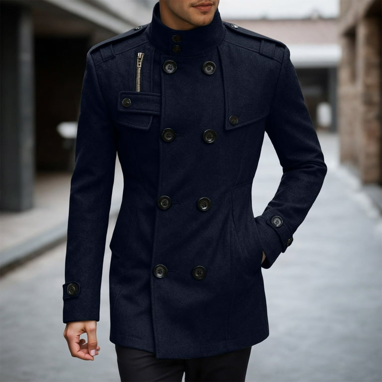 Men's Pea Coats Stand Collar Double Breasted Short Trench Coat