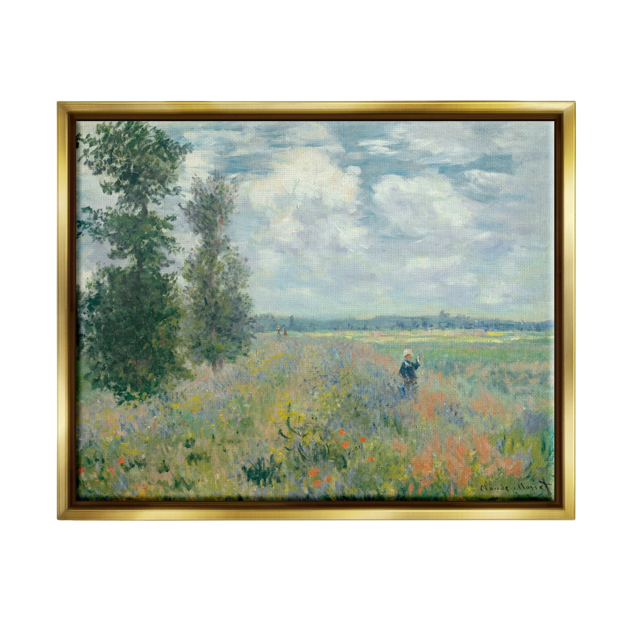 Stupell Industries Lone Person Floral Blossom Meadow Quaint Scene Painting Metallic Gold Floating Framed Canvas Print Wall Art, Design by Lettered and Lined