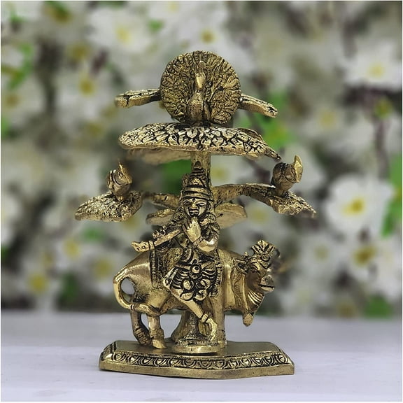 Lord Krishna with Cow Under a Tree Indian God Statue Indian Temple Decor Krishna Idol Handmade God Sculpture Indian Decor god of Love Hindu God Statue Krishna Murti Temple Decor - AtoZ India Cart