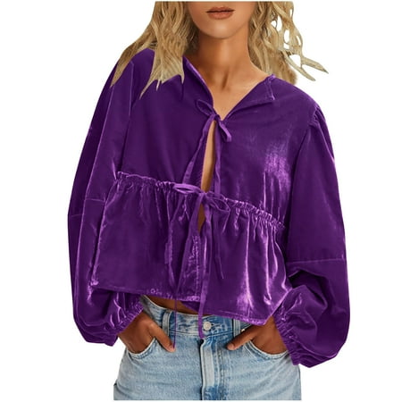 GA WEIHUA Women s Velvet Shirts Tie Front Long Sleeve Jackets V Neck Ruffle Hem Peplum T Shirts Loose Fit Cute Open Front Tops Relaxed Solid Babydoll Blouses(Purple L