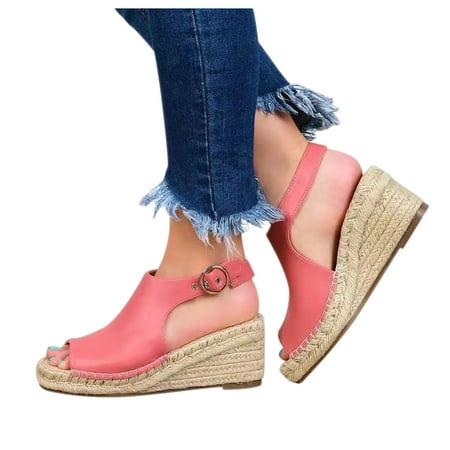 

Wandatree Women s Roman Sandals Straw Wedge High Heel Fish Mouth Sandals Pink 9.5