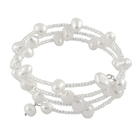 3-Row Handpicked AAA+ 6-7mm Baroque Freshwater Cultured Pearls 925 Sterling Silver Flex Fit Bangle Wrap Bracelet 7