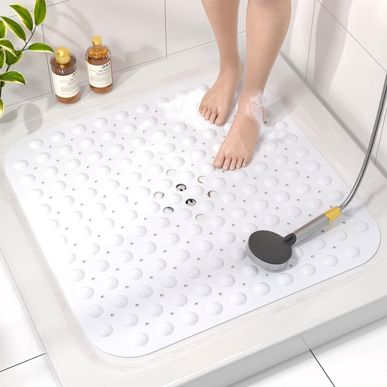 HITSLAM Shower Mat Non Slip,21x21 Bathtub Mat with Suction Cups and Drain Holes,Machine Washable Bathroom Shower Stall Floor Mat,Soft on Feet,White