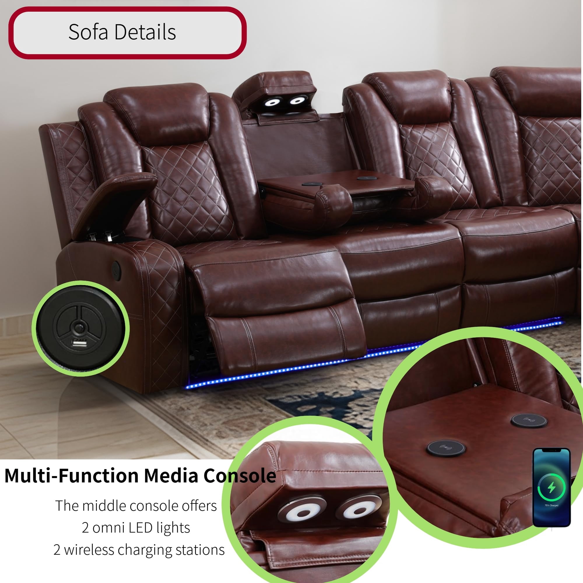 Aukfa 3-Piece Power Recliner Sofa Set 6 Seat Sectional Couch with LED Light, Cup Holders&Storage Console, Burgundy