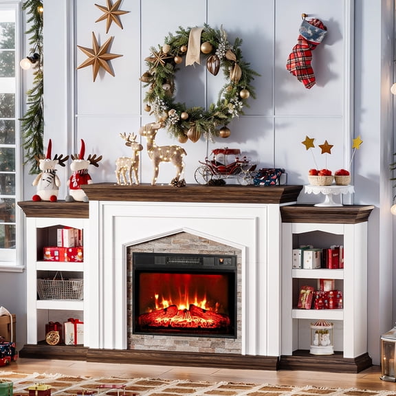 LGHM 80" Fireplace TV Stand with Storage & Bookshelves, Electric Fireplace with Mantel, Farmhouse Entertainment Center for TVs up to 90", White & Brown