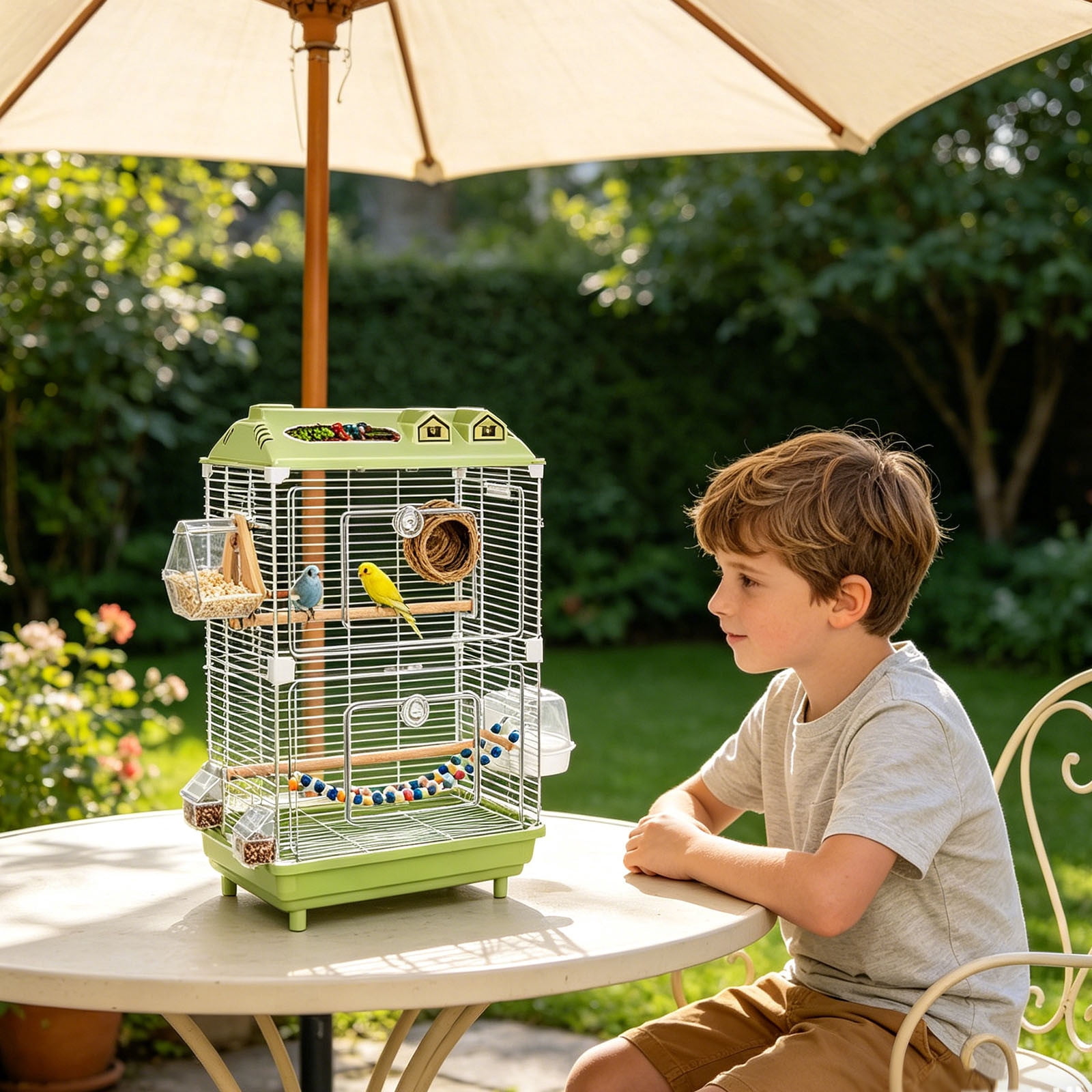 Large Wrought Iron Rolling Bird Cage with Detachable Stand Spacious Flight Aviary for Parakeets Finches Small Pet Birds | 18.50x11.81x30.31 in Green