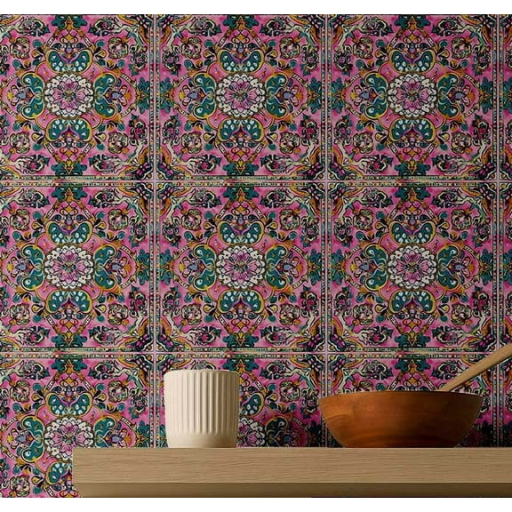 S4sassy Removable Vintage Style Waterproof Wall Wrap, Arabesque Pattern Tile Wallcover, Pink Contact Paper for Backsplash, Kitchen, Self Adhesive Vinyl Wallpaper Roll, DIY Home Decor- Pink-25"x120"