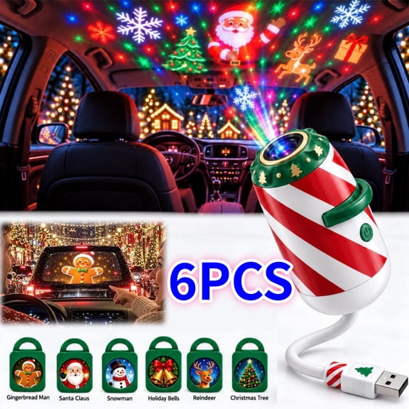 Merry Ride Christmas Car Projector Light, Hd USB Holiday Projection Lamp Plug and Play with 6 Interchangeable Christmas Slides for Bedroom, Gaming Room, Car Interior Roof Party, 6 Patterns - Akmoler