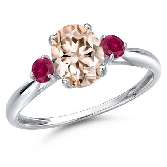 Gem Stone King 10K White Gold Peach Morganite and Red Created Ruby 3-Stone Ring for Women | 1.28 Cttw | Oval 8X6MM | Gemstone October Birthstone | Size 9