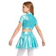thumbnail image 2 of Aiihoo Kids Girls Jazz Dance Performance Outfit Mock Neck Short Sleeve Sequins Metallic Shirt Crop Top with Shiny Tutu Skirt Streetwear Blue 14, 2 of 6