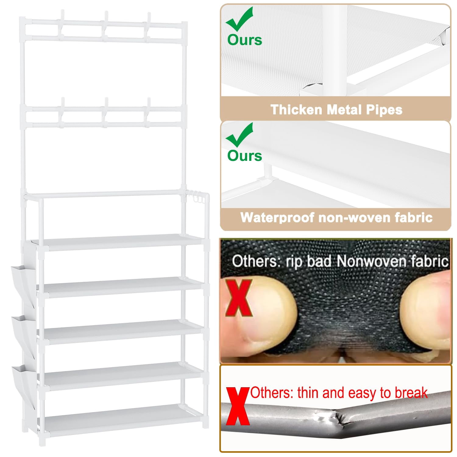 Shoe Rack 5 Tier Organizer Storage 15-20 Pairs Shoes For Closet Entrance With Hooks And Side Pocket Entryway Holder Space Saving Free Standing Racks