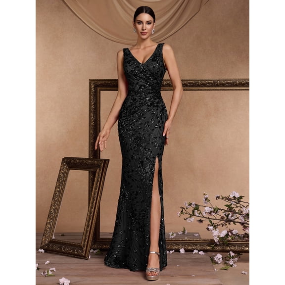 Elegant Long Sequin Formal Dress V-Neck Slit Design, Stretchy Fitted Glamorous
