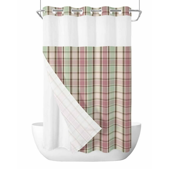 No Hook Cloth Fabric Shower Curtain with Snap in Liner, Buffalo Plaid Waterproof Shower Curtains Set with See Through Top Window, Farmhouse Red Green Beige Check Gingham Bath Curtains Shower 36"x72"