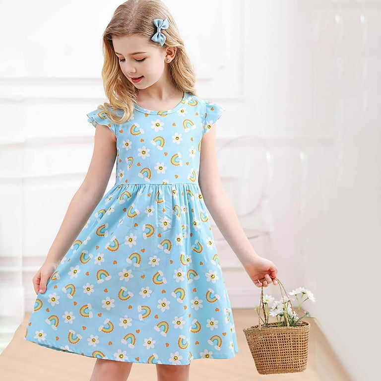 summer floral skater dresses Gubotare Floral Dress for Girls Girls Summer Stretchy Dress Short Sleeve Printed Skater Dress (Blue,Size 3-4 Years), Girl's