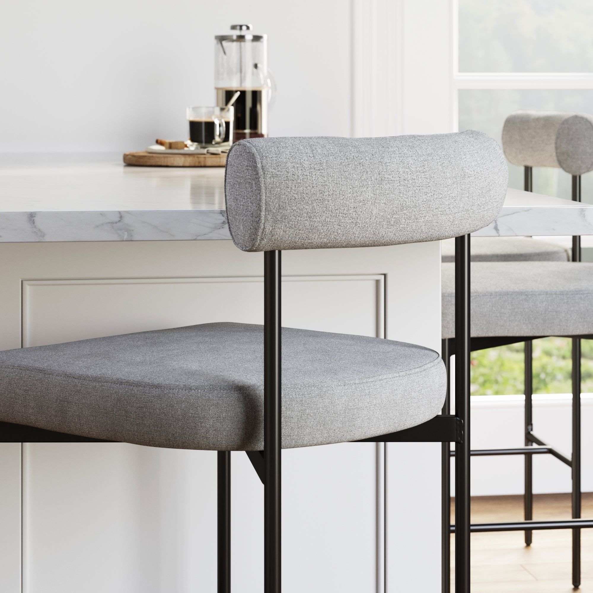Nathan James Dahlia Bar Stool with Back & Mid-Century Metal Legs, Light Gray/Black