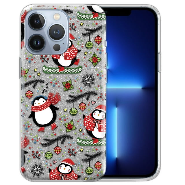 WIRESTER Silver Glitter Case, Sparkle Bling TPU Cover for Apple iPhone 13 Pro Max 6.7" 2021, Penguins Ornaments Christmas