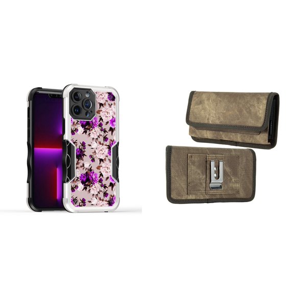 Case and Pouch Bundle for iPhone 14 Pro Max: Heavy Duty Armor Rugged Case (Purple Pink Flowers) and Rugged Denim Nylon Belt Holster (Tan Brown)