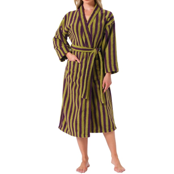 Bata de baño para mujeres INSPIRE CHIC de felpa suave, de manga larga, con cinturón, de longitud completa, a rayas, peluda y con bolsillos, para spa y ducha, color verde