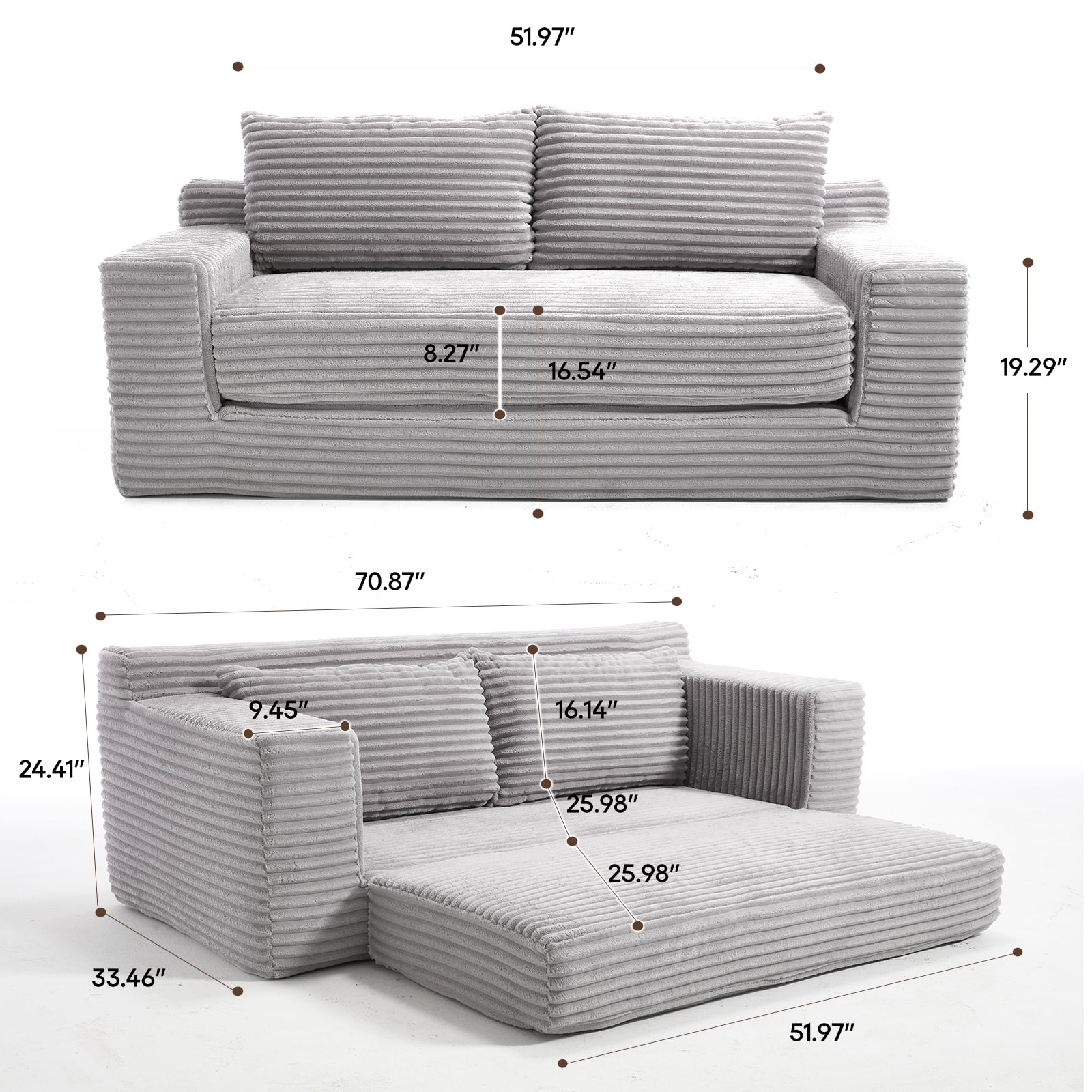 Miniyam Convertible Loveseat Sofa Bed with Memory Foam, Small Couch for Apartment, No Assembly, Corduroy, Gray