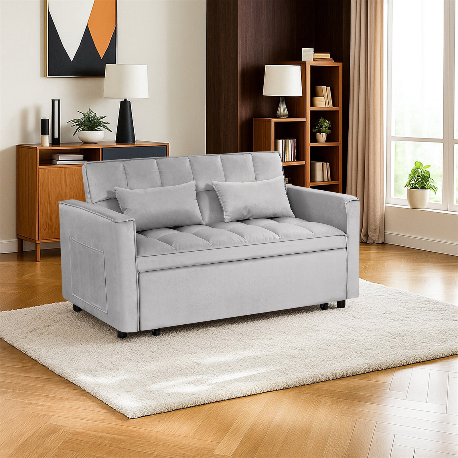 Hommoo Modern 3 in 1 Convertible Sleeper Sofa Bed, Pull Out Loveseat Couch Futon Sofa Bed with 3-Level Adjustable Back, Gray
