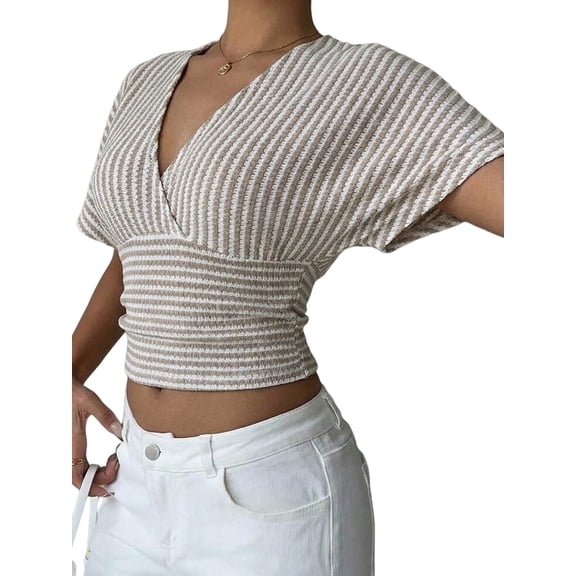 Gynyvoja Womens Short Sleeve Tops V Neck Spring Summer T Shirts Casual Striped Batwing Sleeves Blouses Color M